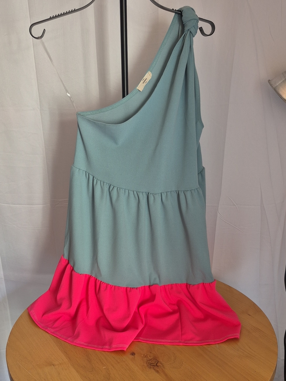entro Seafoam One-Shoulder Tiered Dress with Pink Ruffle